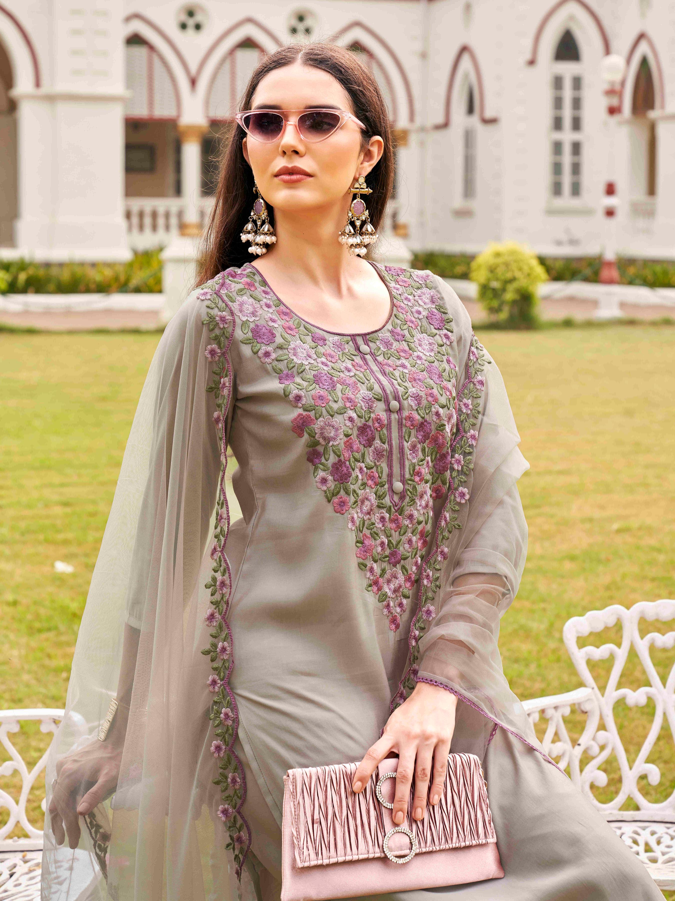 Taupe Colored Silk Blend Multi Thread Embroidered Straight Cut Kurta Set